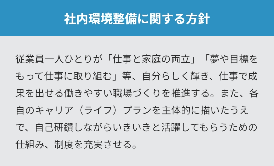 社内環境整備に関する方針。従業員一人ひとりが「仕事と家庭の両立」「夢や目標をもって仕事に取り組む」等、自分らしく輝き、仕事で成果を出せる働きやすい職場づくりを推進する。また、各自のキャリア（ライフ）プランを主体的に描いたうえで、自己研鑽しながらいきいきと活躍してもらうための仕組み、制度を充実させる。