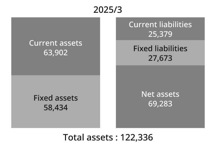 Total assets:122,336 Current assets:63,902 Fixed assets:58,434 Current liabilities:25,379 Fixed liabilities:27,673 Net assets:69,283