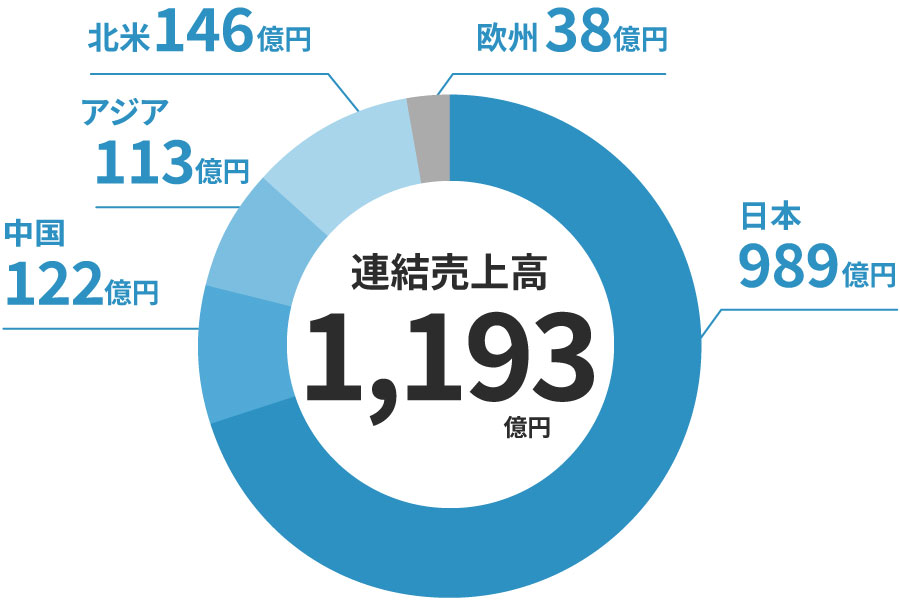 連続売上高の円グラフです。日本989億円、中国122億円、アジア113億円、北米146億円、欧州38億円。
